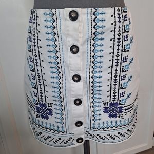 BLUE RAIN White button down miniskirt w/blue & Purple embroidery mini skirt Sz.S